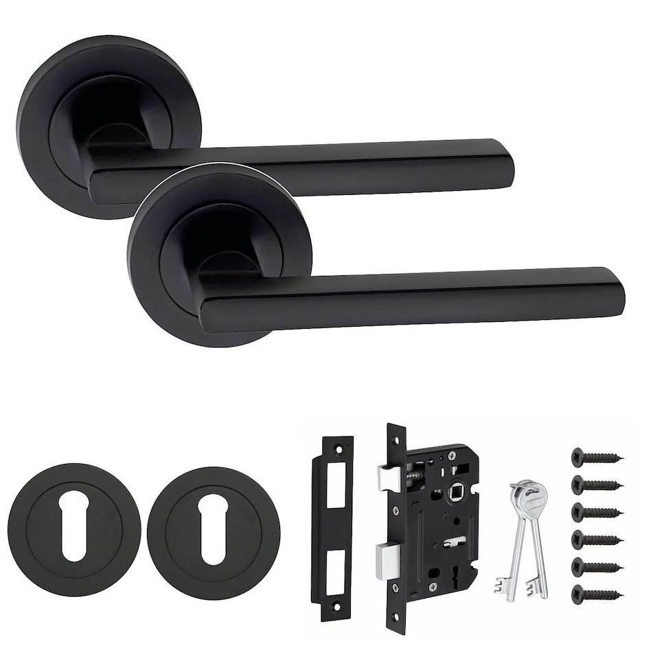 image 1 of Golden Grace Leon Design Door Handles Set on Round Rose in Matt Black Finish with 64mm 3 Lever Mortise Lock and Key Hole Black