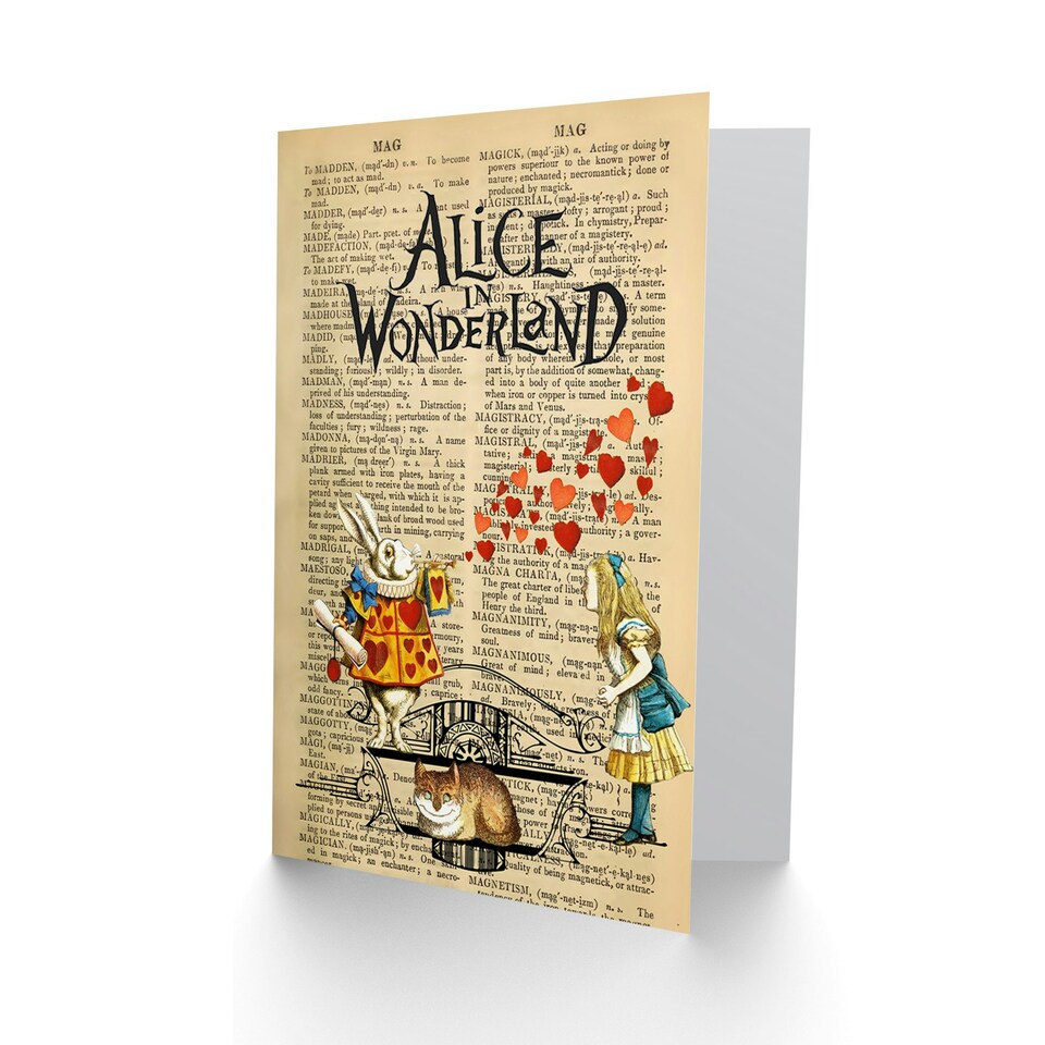 image 1 of Upcycle Dictionary Alice Wonderland Rabbit Cheshire Cat Greeting Card
