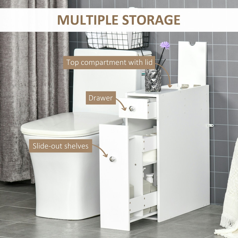 image 1 of HOMCOM Slim Floor Cabinet Narrow Wooden Storage with Drawers Bathroom White