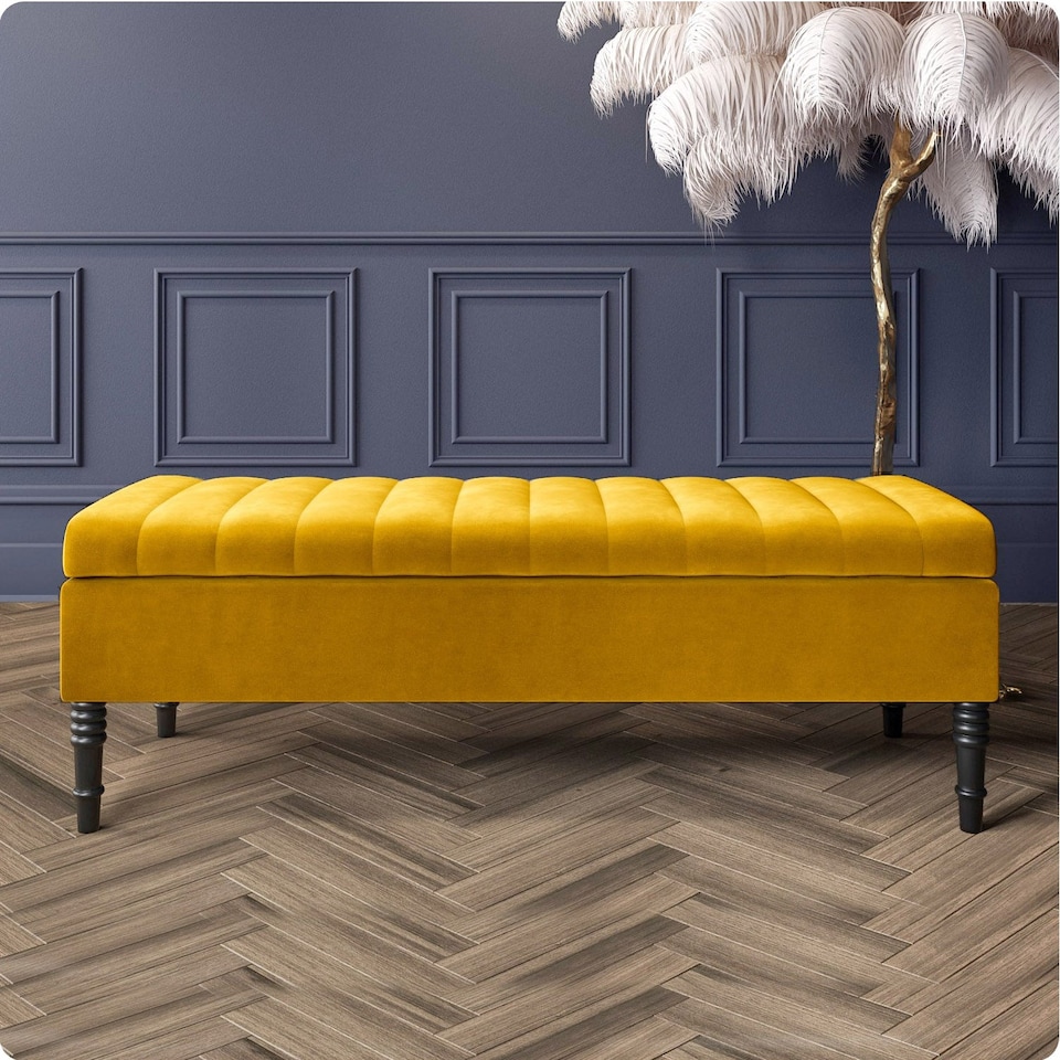 image 1 of Safar 90cm Ottoman Storage Bench - Plush Velvet Shoe Bench - Mustard Gold Lined Upholstery Storage Footstool