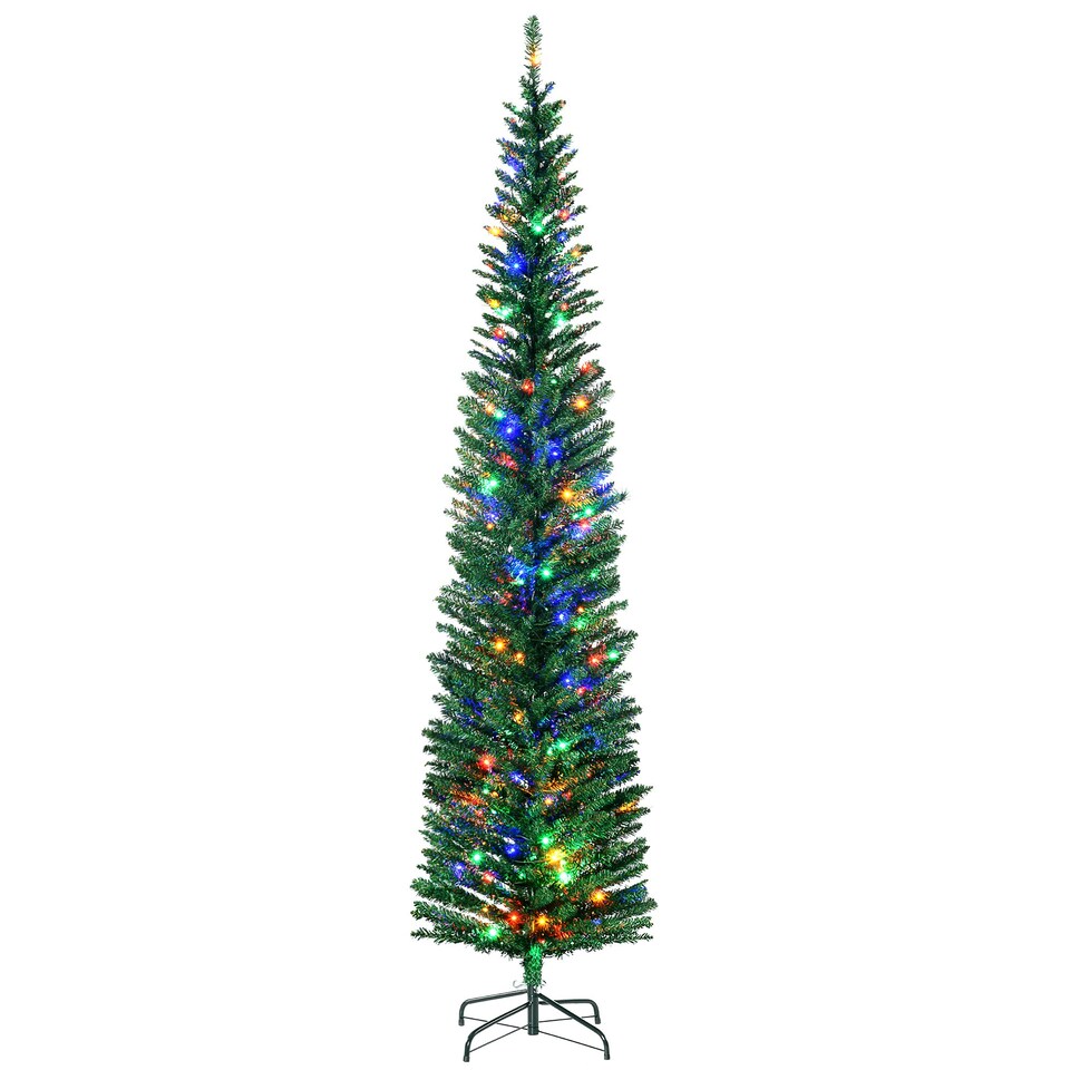 image 1 of HOMCOM 7.5ft Artificial Pencil Christmas Tree with Colourful Lights, Steel Base