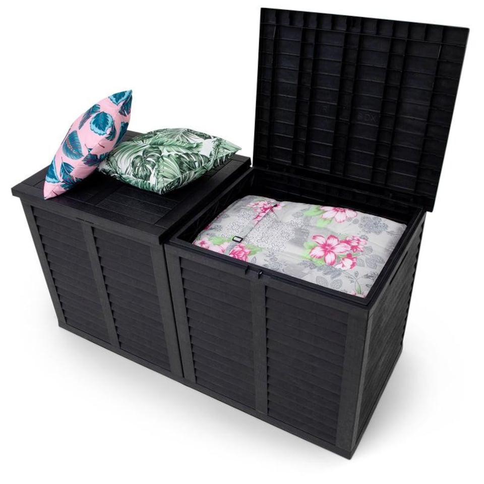 image 1 of XXL 750L Garden Storage Box, Black - 155x66x80 cm, Double Lid, Weatherproof