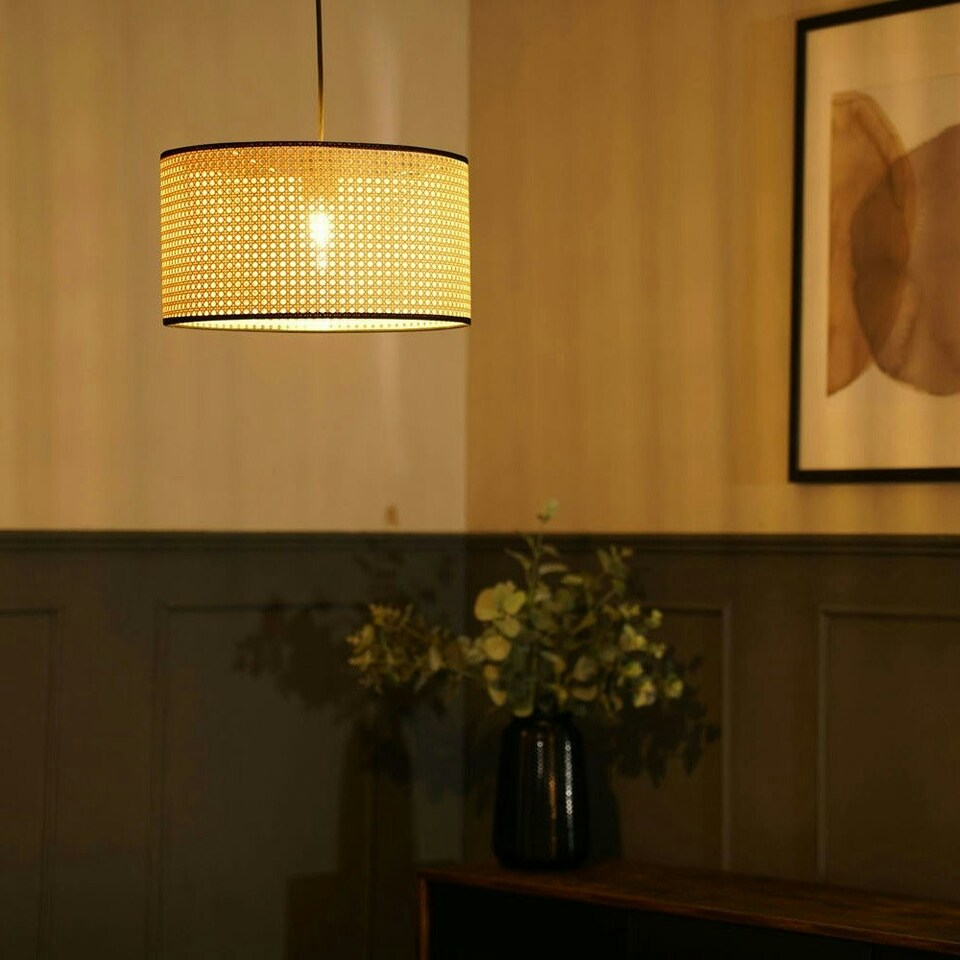 image 1 of ValueLights Reni Medium Wood Cane Natural Ceiling Pendant Shade Cream