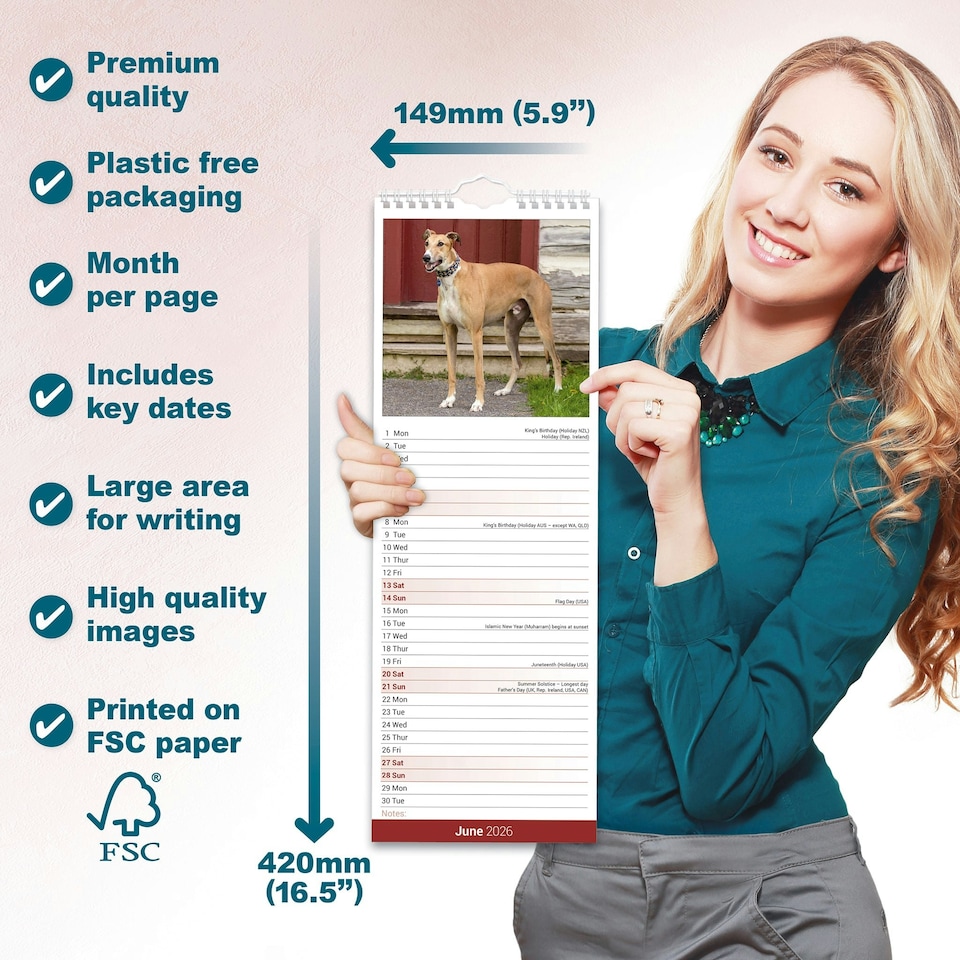 image 1 of Greyhound Slim 2026 Calendar | Slimline Wall Calendar | Dog Breed Gift | Plastic Free Packaging | by Avonside Publishing [Calendar] Avonside Publishing Ltd