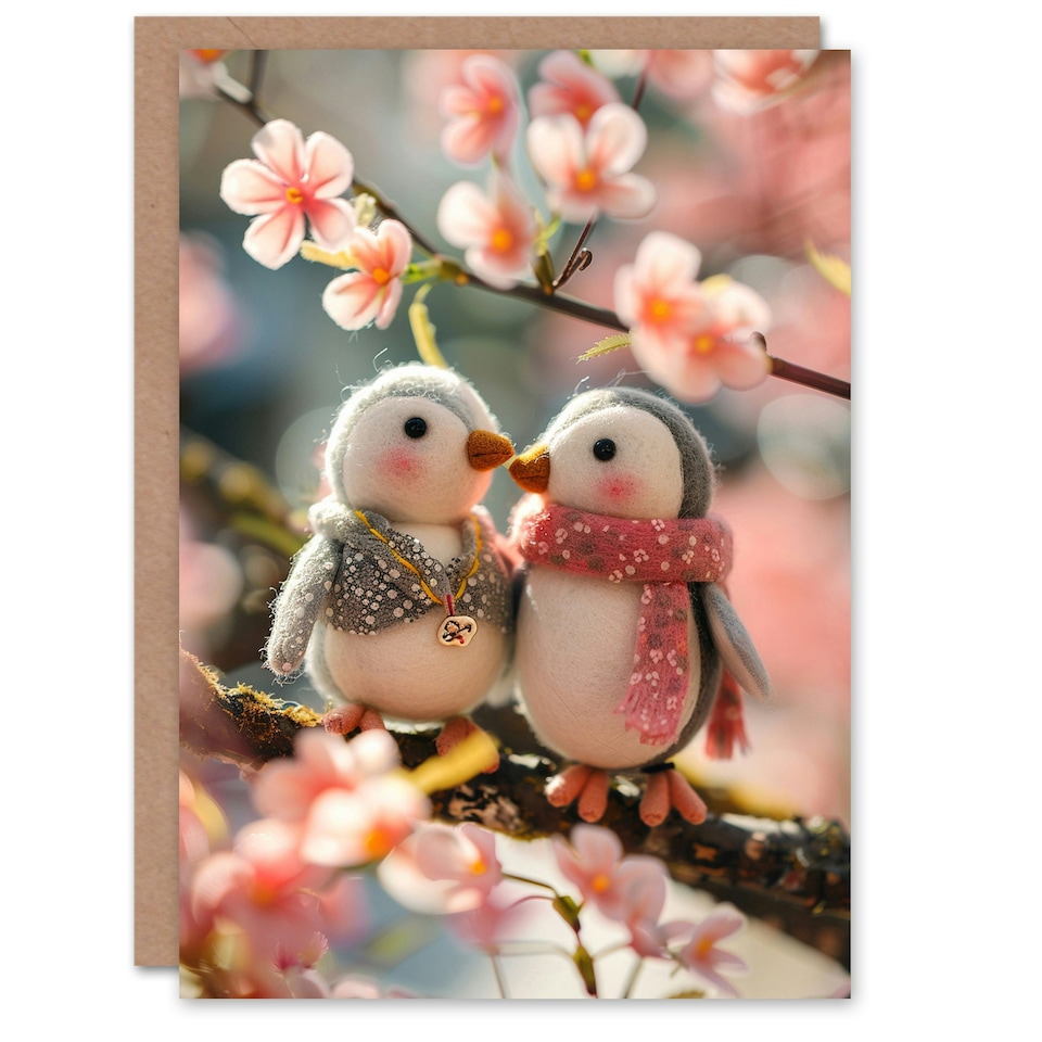 image 1 of Cute Felt Penguins On Cherry Blossom Tree Birthday Card
