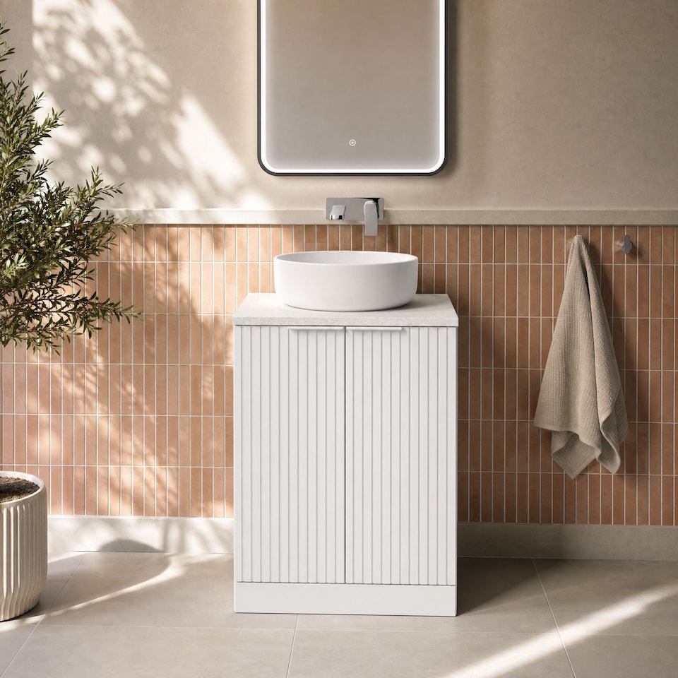 image 1 of Balterley Callingwood Contemporary Floor Standing 2 Door Vanity Unit with White Nebula Laminate Worktop , 600mm, Matt White