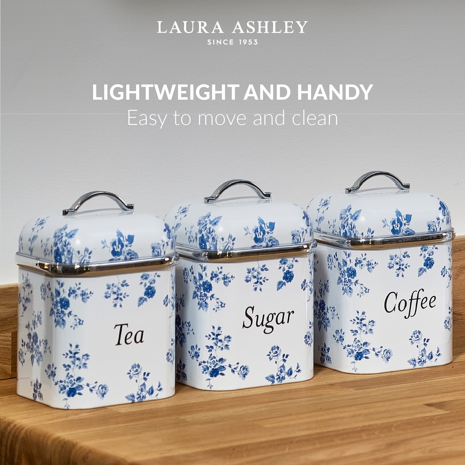 image 1 of VQ Laura Ashley Tea Coffee and Sugar Canisters Set of 3 Stainless Steel Tea