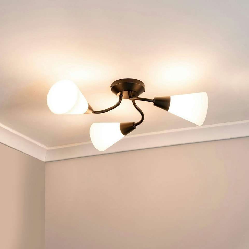 image 1 of ValueLights Kristina 3 Way Black Metal Flush Ceiling Light with Frosted White Shades and LED Bulbs