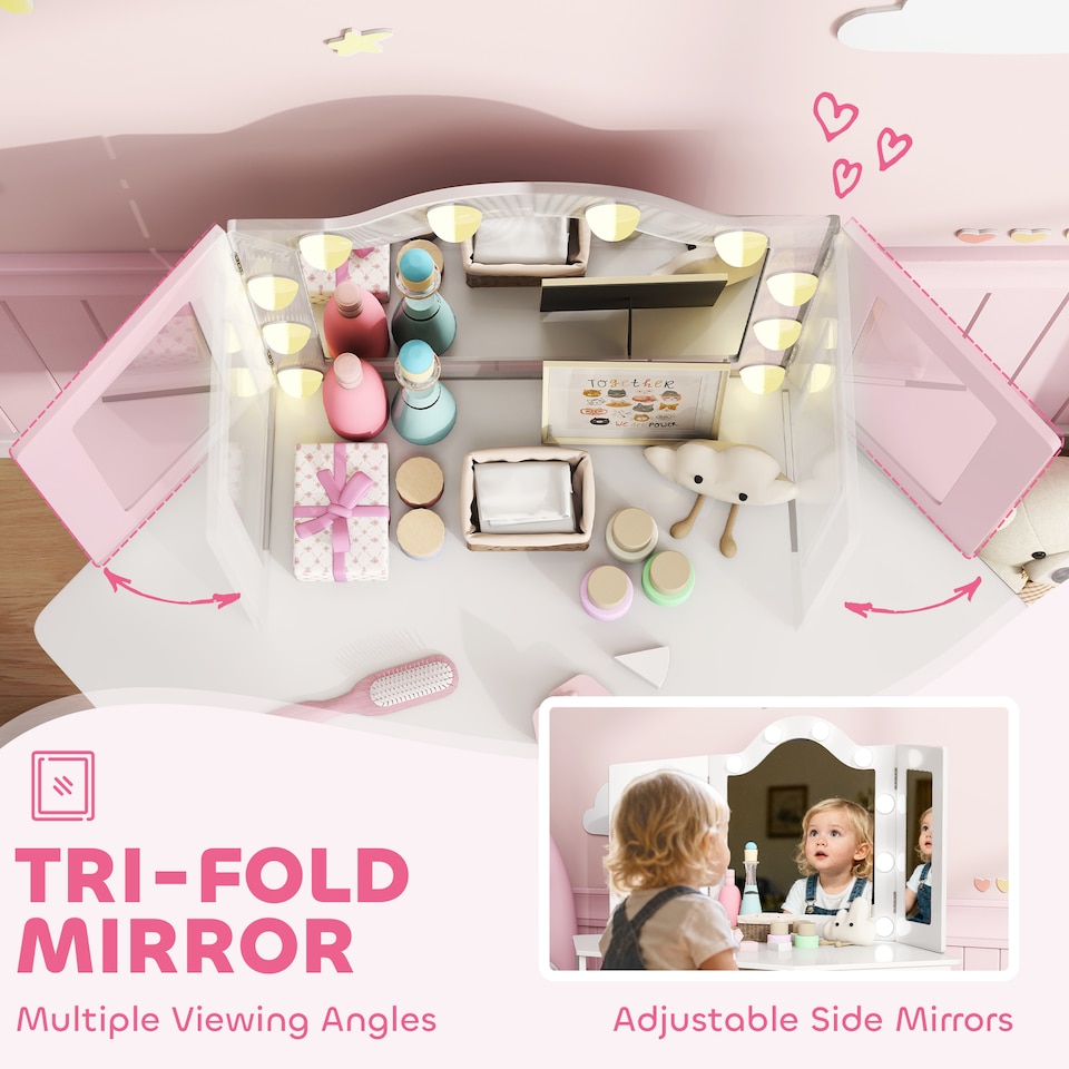 image 1 of AIYAPLAY Kids Vanity Table and Stool with Lights, Tri-Folding Mirror, White