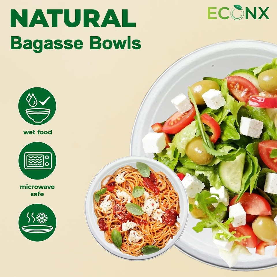 image 1 of ECONX 50Pcs Biodegradable Bagasse Bowls 12oz White Sugarcane Disposable Bowl
