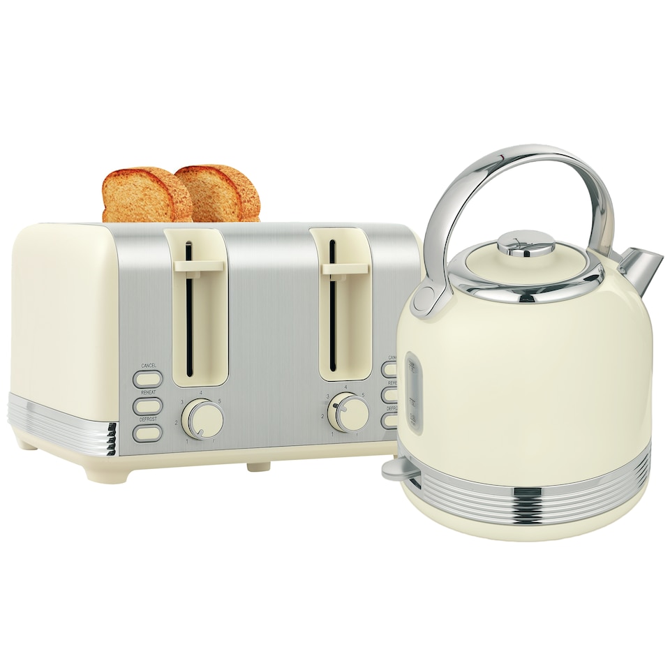 image 1 of HOMCOM Stainless Steel Kettle and Toaster Set, 1.7L 3000W Cordless Fast Boil Kettle, 4 Slice Toaster Kitchen Set with 7 Level Browning Controls, Defrost, Reheat and Crumb Tray, Cream White