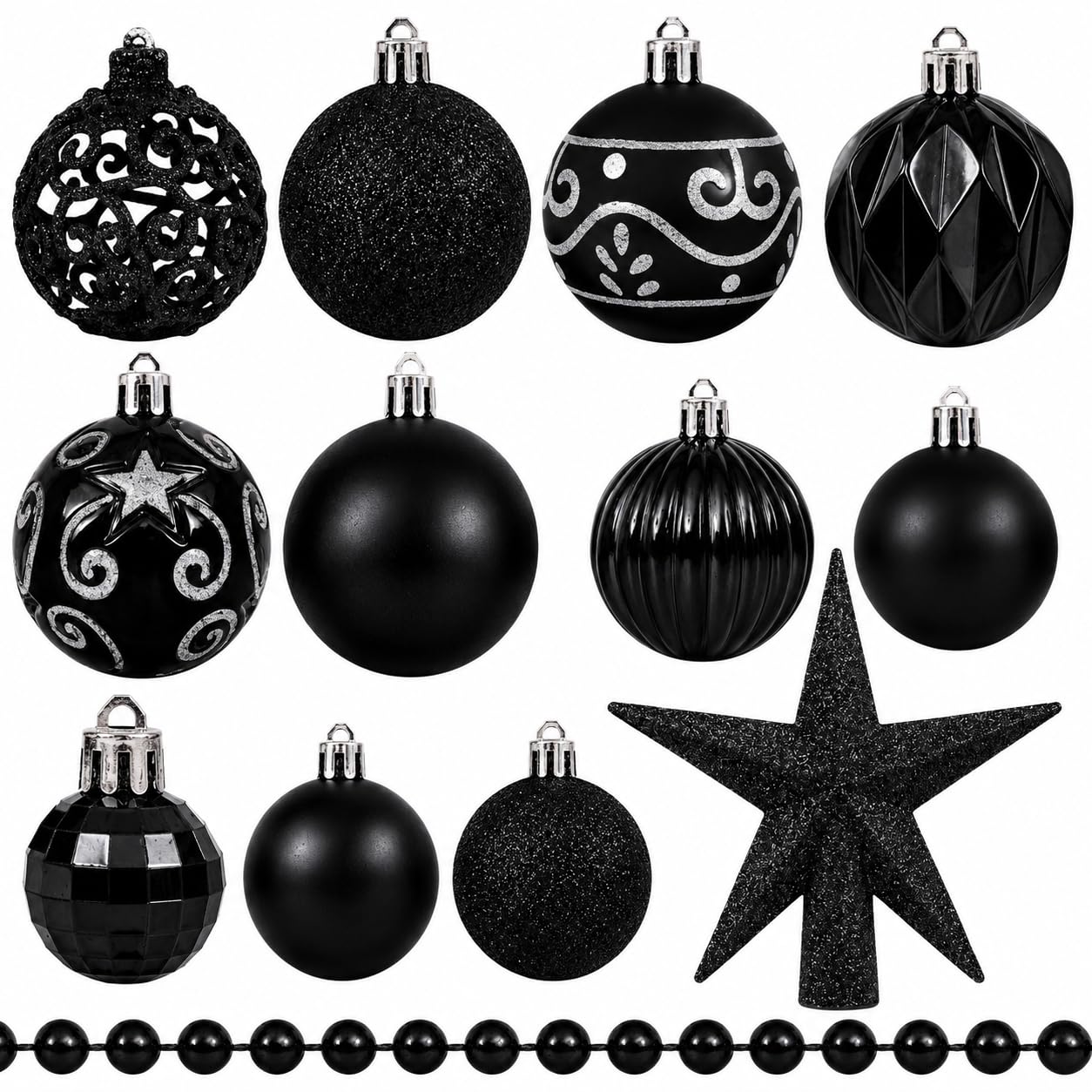 Christmas Tree Decoration Set 100 Pieces - Baubles, Star Topper & Bead Garland - Glitter, Matte & Metallic Ornaments (Black)