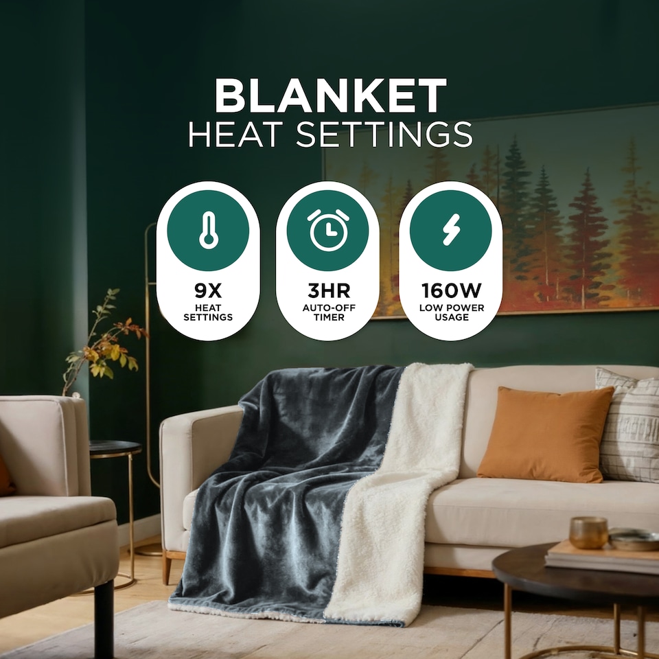 image 1 of DMD Heated Electric Throw Blanket, Fleece Sherpa, 9 Heat Settings & Timer, 150x200cm