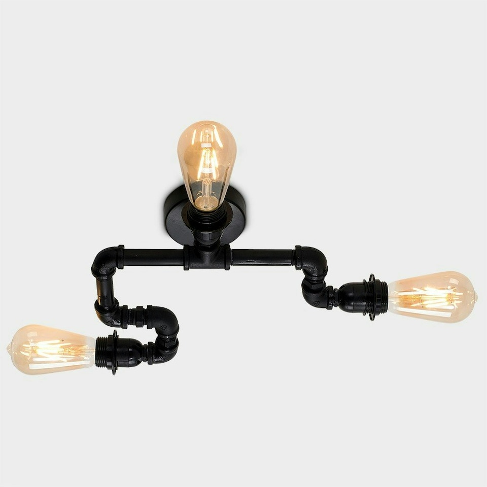 image 1 of ValueLights Industrial Steampunk Style 3 Way Satin Black Staggered Pipework Ceiling Light