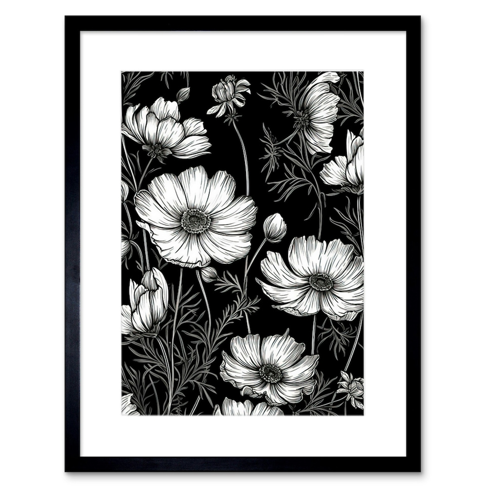 image 1 of Detailed Black White Cosmos Flower Plants 9x7" Black Framed Wall Art Print