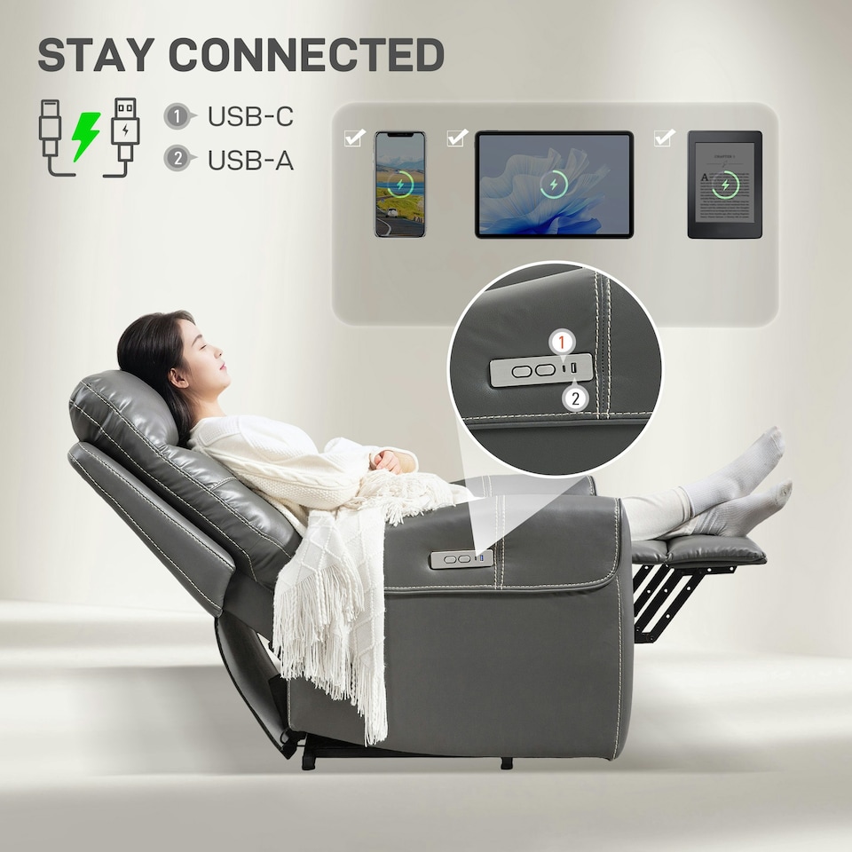 image 1 of HOMCOM Overstuffed Riser and Reclining Chair with USB Ports, Remote, Grey Grey