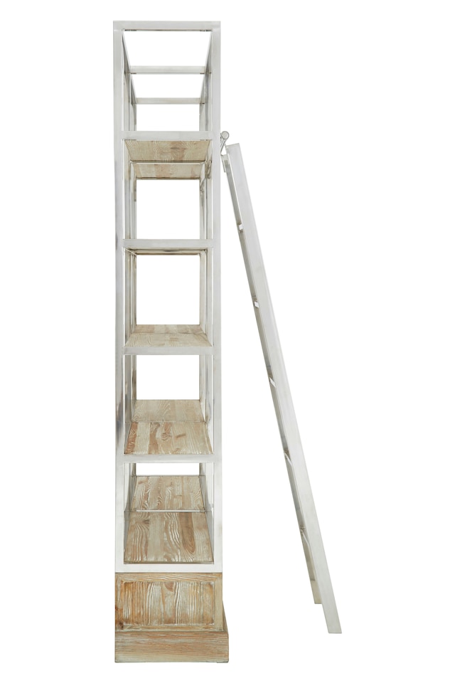image 1 of Display Unit With Moveable Ladder,Shelf Unit With Storage Drawers,Wall Shelving Unit,Pine Wood Bookcase | Brown