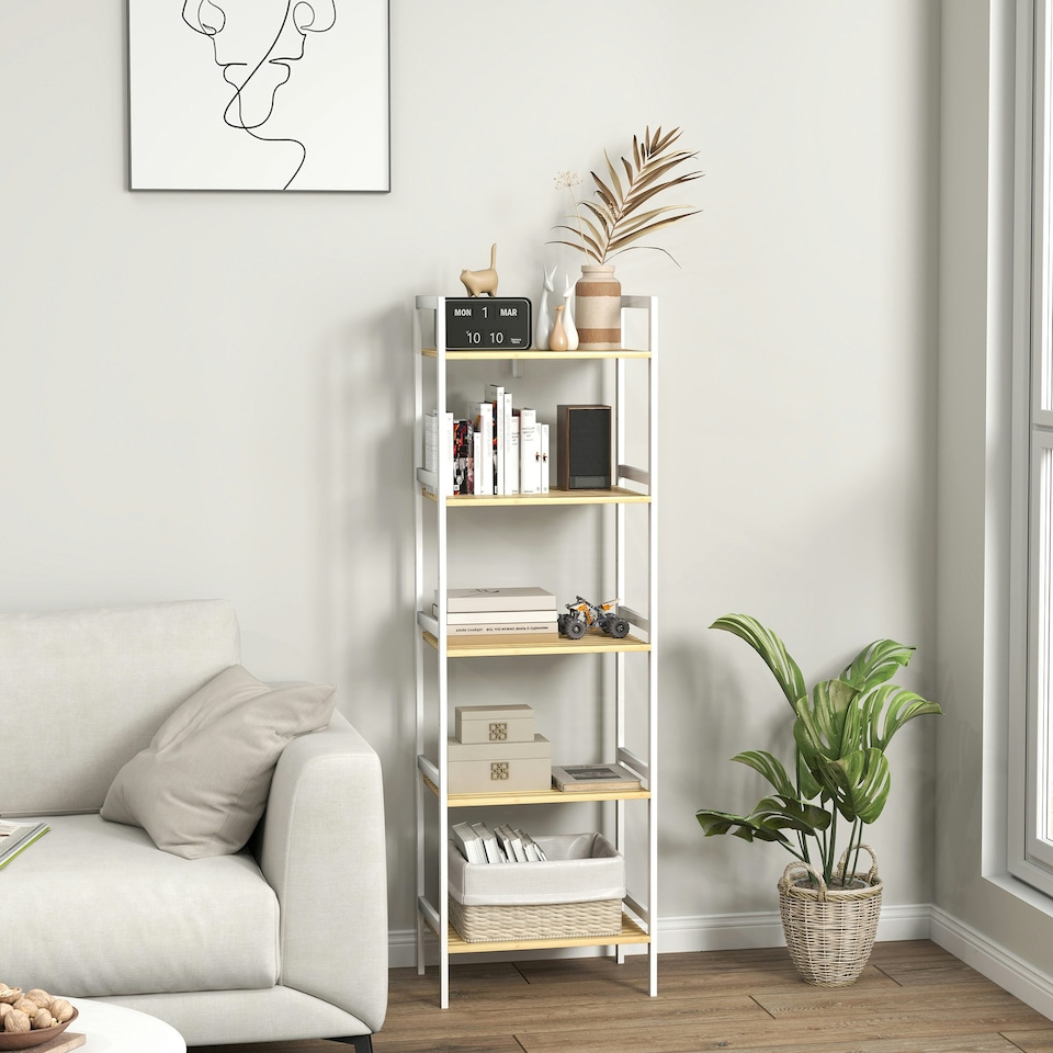 image 1 of HOMCOM 5-Tier Bamboo Bathroom Storage Shelf with Adjustable Rack, Natural