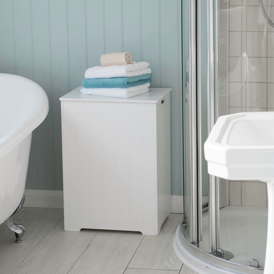 image 1 of Chester Large White Wooden Laundry Bin, Bathroom Storage Chest, Cabinet, Hamper