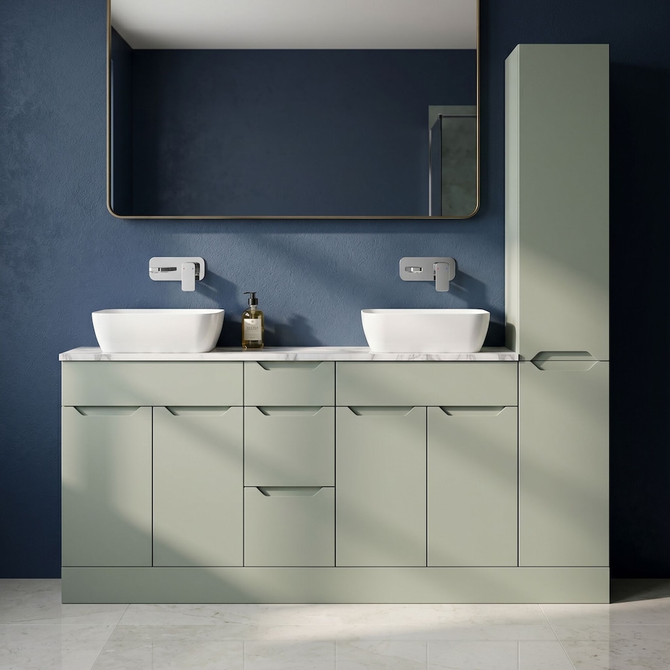 image 1 of Balterley Teddesley Floor Standing 4 Door 3 Drawer Vanity Combination Unit with Tall Unit, Laminate Worktop and Countertop Vessel, 1800mm, Pebble Grey