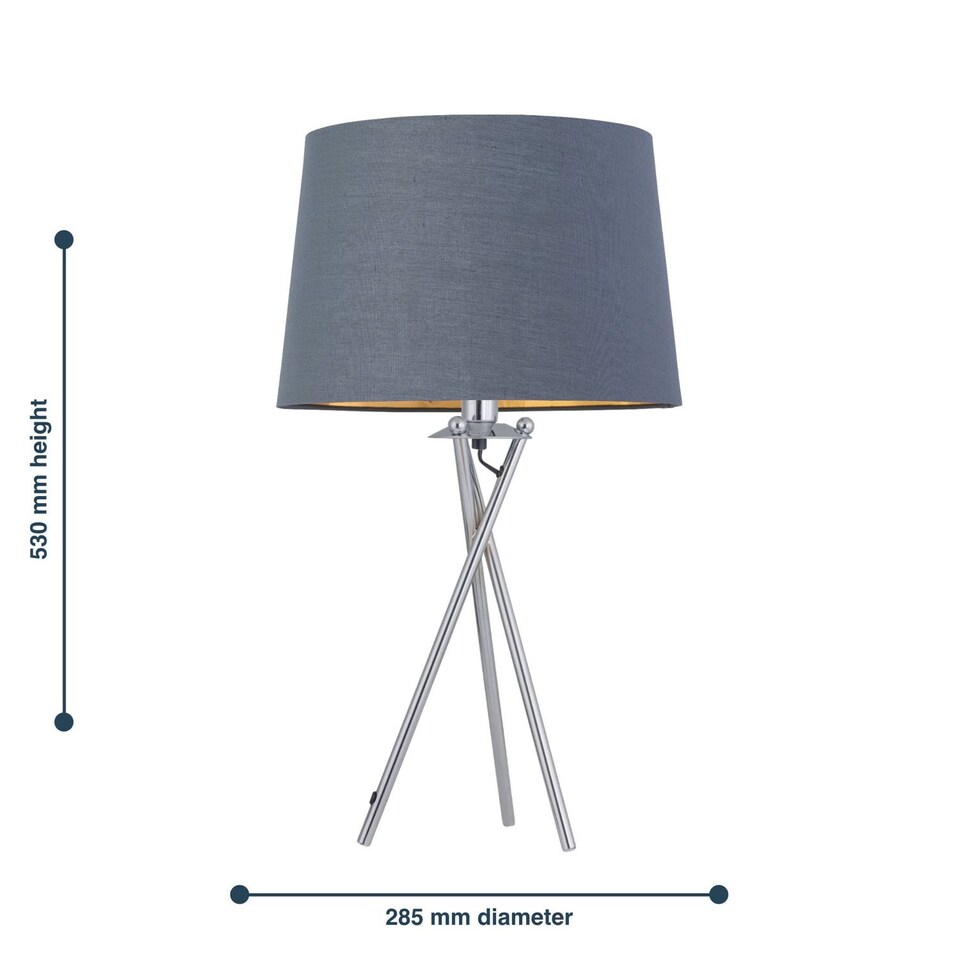 image 1 of Tripod - Chrome Lamp with Grey & Gold Fabric Shade | Chrome | Grey | Large | 1
