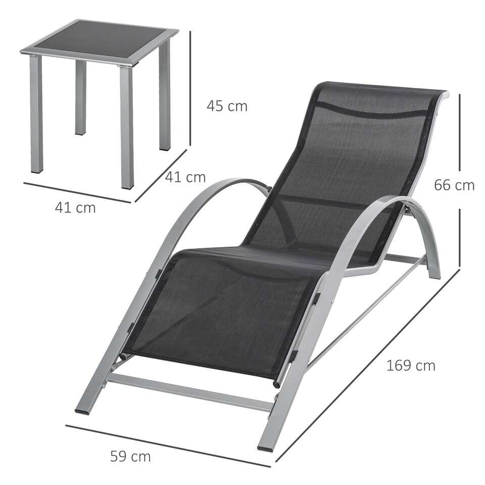 image 1 of Outsunny 3 Pieces Sun Lounger Chair Set, Metal Frame Outdoor Garden Recliner Chairs with Glass-Top Side Table and Armrests for Patio, Black