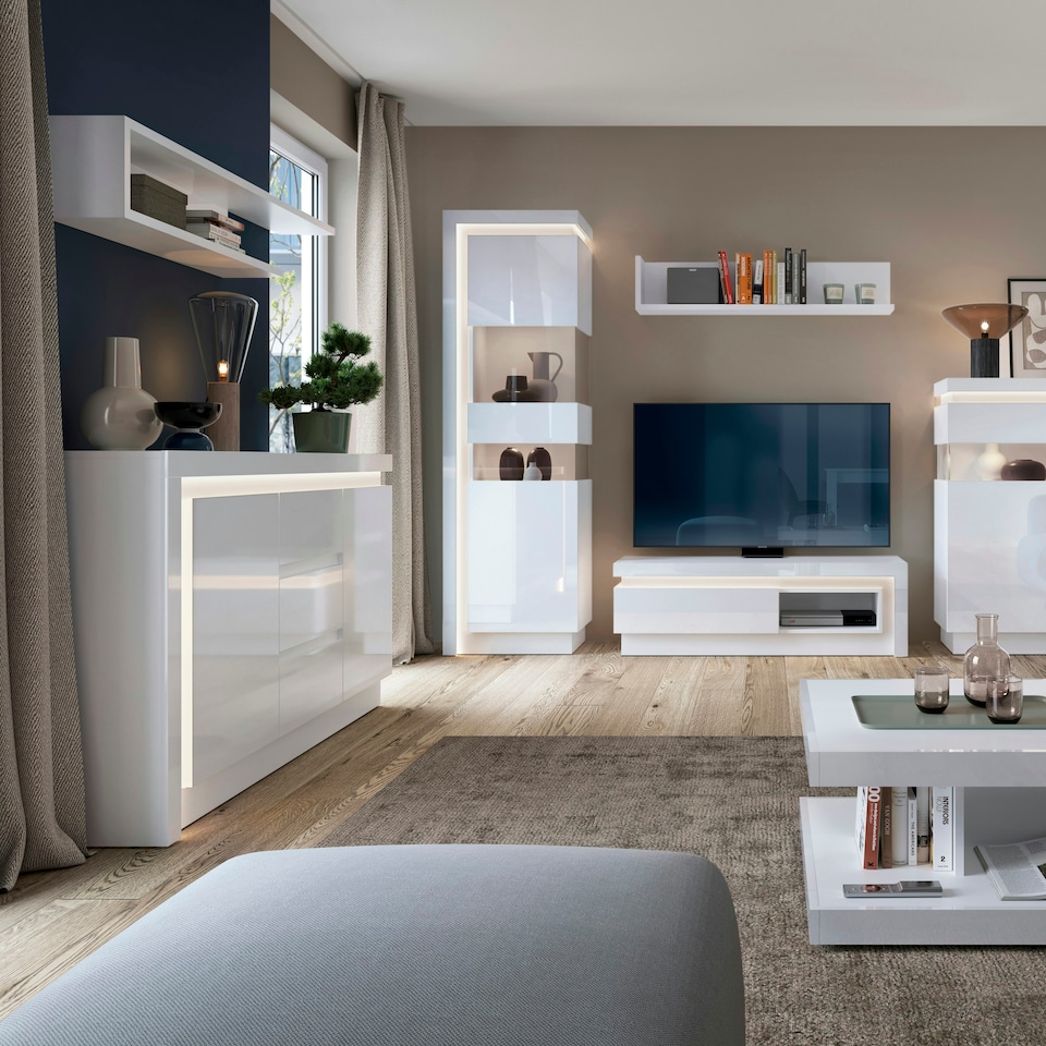 image 1 of Lyon 2 Door 3 Drawer Sideboard (including LED lighting) in White and High Gloss