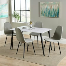 Aspen Rectangular Dining Table with White Marble Effect Top and 4 Stone Grey Upholstered Fabric Chairs - Modern Dining Set | White | White | 1