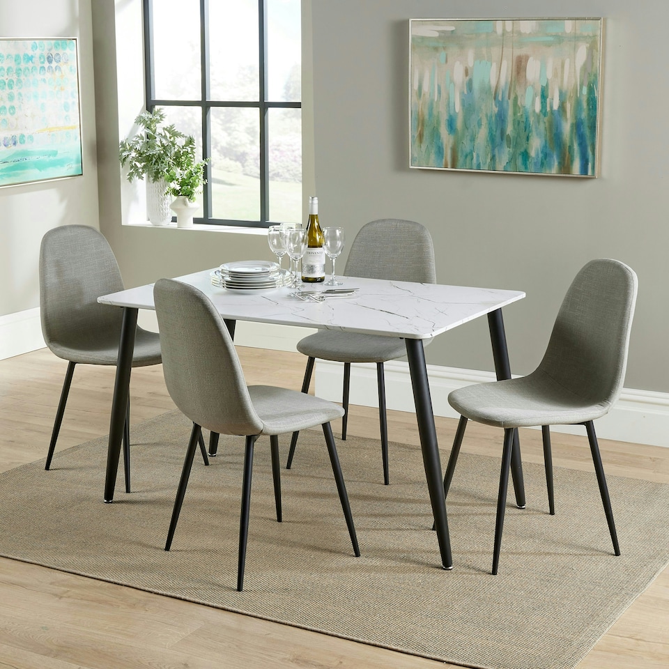 image 1 of Aspen Rectangular Dining Table with White Marble Effect Top and 4 Stone Grey Upholstered Fabric Chairs - Modern Dining Set | White | White | 1