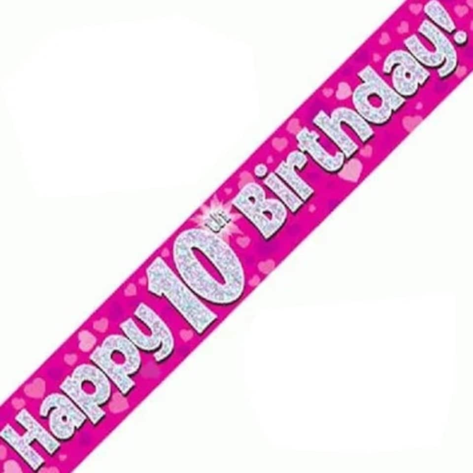 Pink Happy 10th Birthday Holographic Foil Banner 274cm