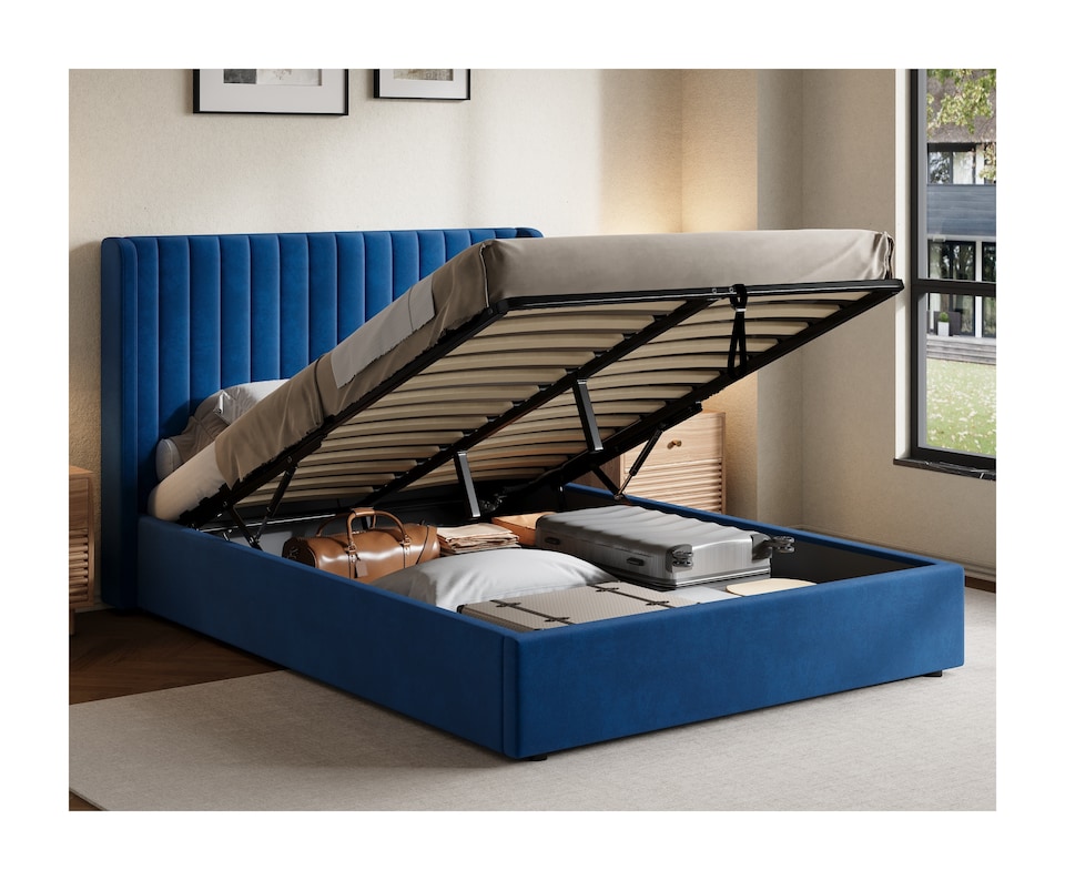 image 1 of Ezysleep Belgravia Velvet Upholstered Gas Lift Ottoman Storage Bed Frame Modern Design | Blue | Navy