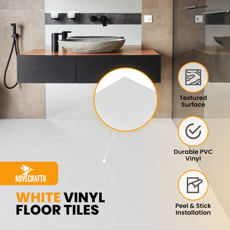 image 1 of NOVECRAFTO Vinyl Floor Tile – Self Adhesive 12x12 in – White Checkerboard – Peel & Stick for Kitchen, Bathroom & Living Room – Waterproof & Easy DIY | White | 3.72 sqm