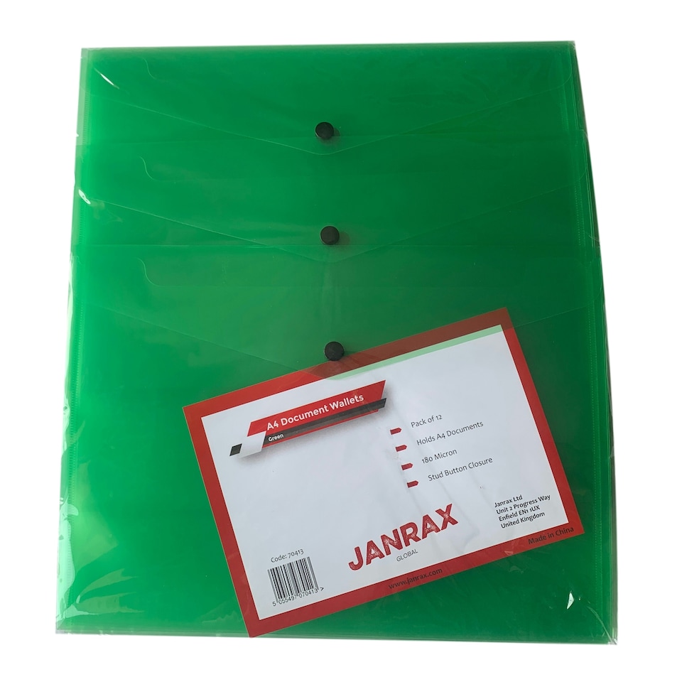 image 1 of Pack of 12 Janrax A4 Green Document Wallets - Button Stud Folder