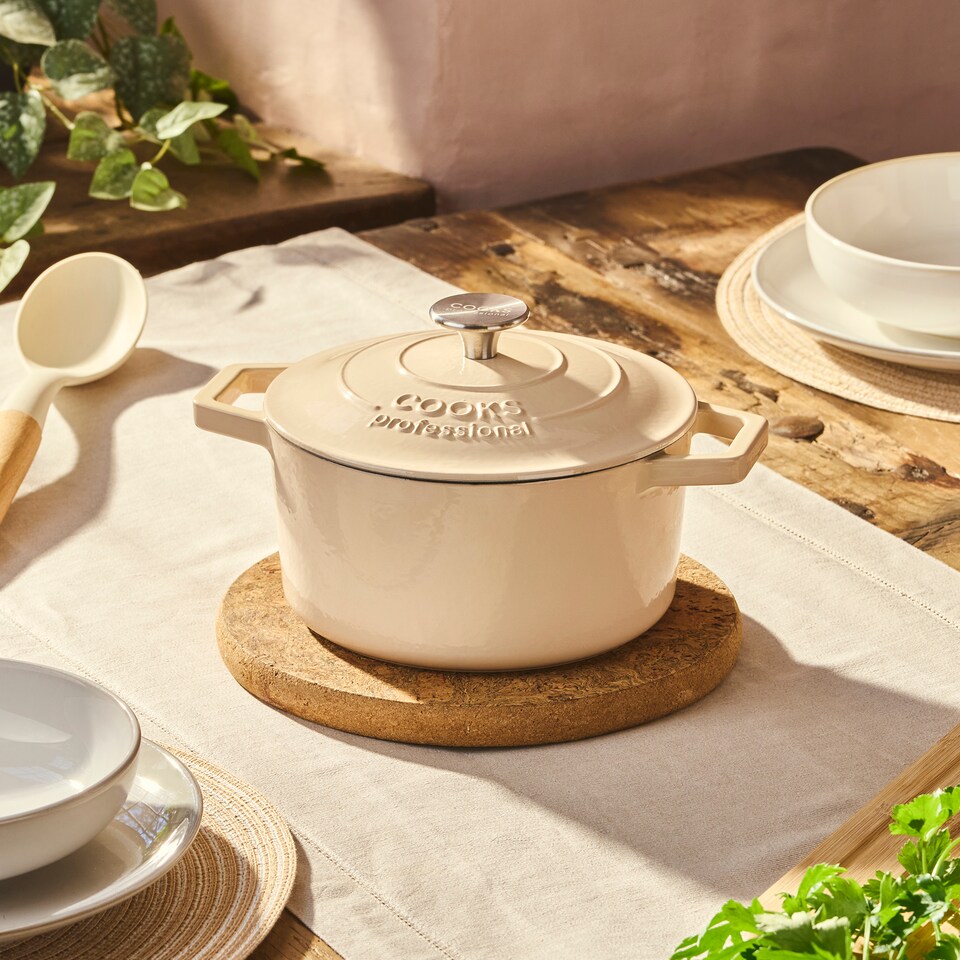 image 1 of Cooks professional Cast Iron Casserole Dish 20cm - Ovenproof Pan with Lid | White | Ivory