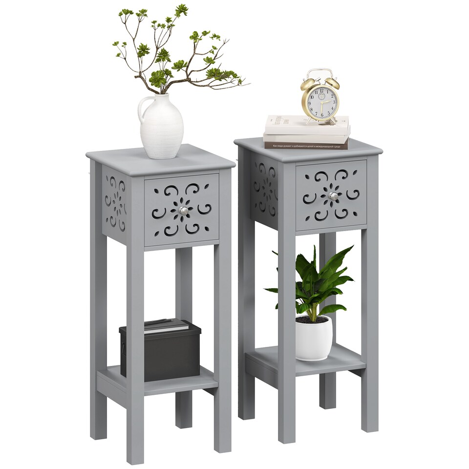 image 1 of HOMCOM Side Table Set of 2, Bedside Table Set with Drawer and Storage Shelf, End Table Set with Elegant Flower-Shaped Design for Living Room Bedroom, Grey | Grey