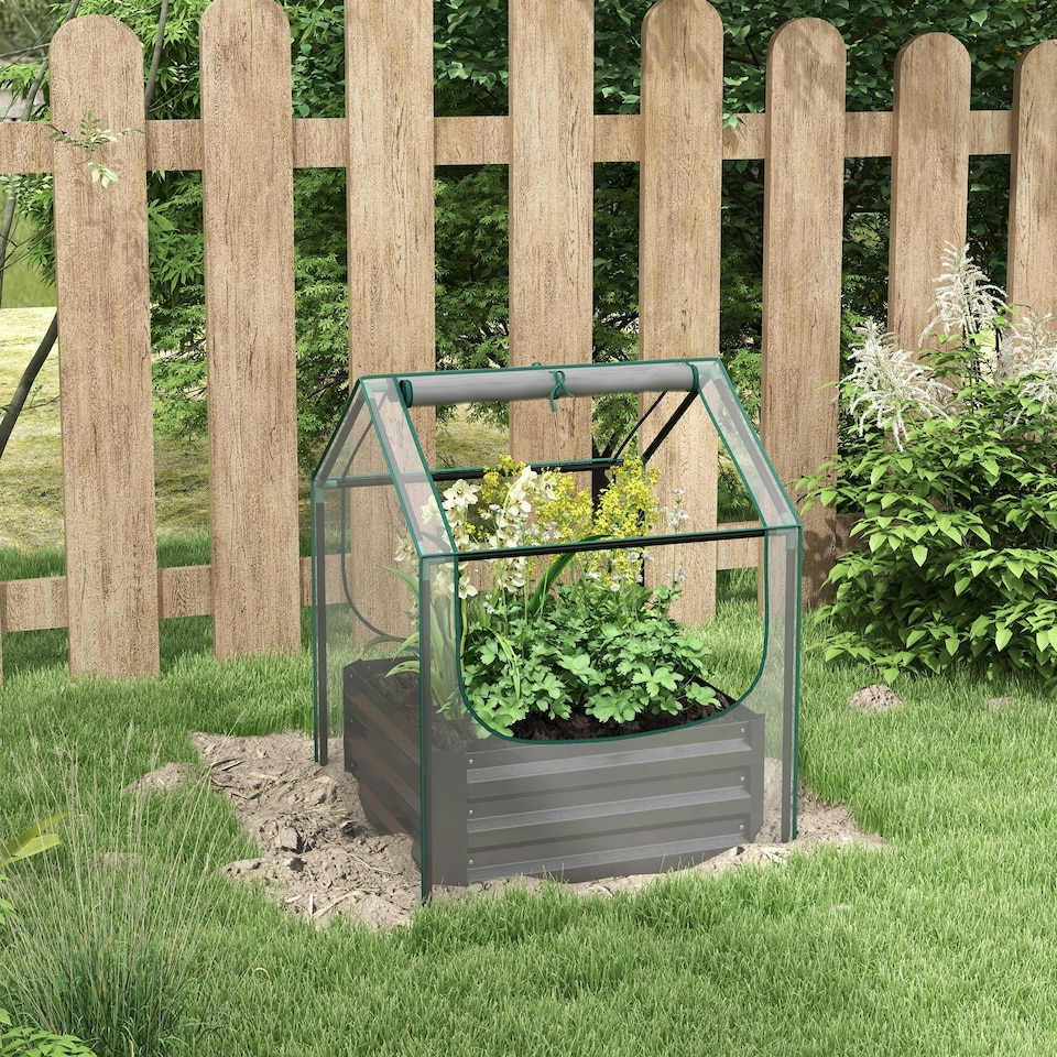 image 1 of Outsunny Raised Garden Bed Planter Box with Greenhouse, Clear and Dark Grey
