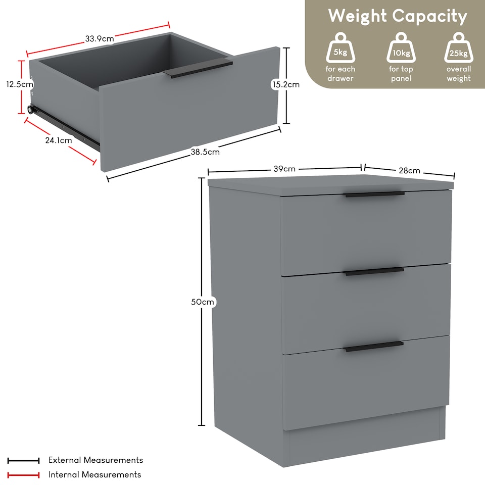 image 1 of Vida Designs Trega 3 Drawer Bedside Chest Bedroom Storage Unit, (H) 50cm x (W) 39cm x (D) 28cm, Grey, Set of 2