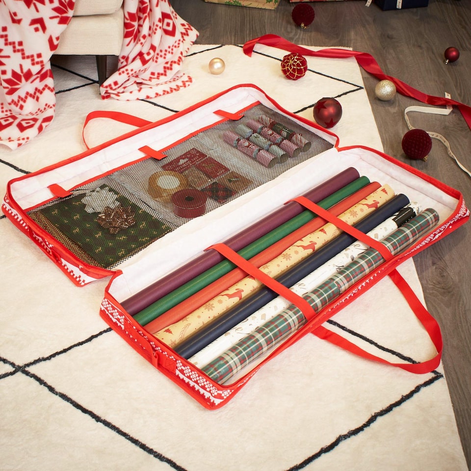 image 1 of OHS Christmas 1 x Wrapping Paper Storage Organiser Nordic Xmas Gift Wrap Bag | Red