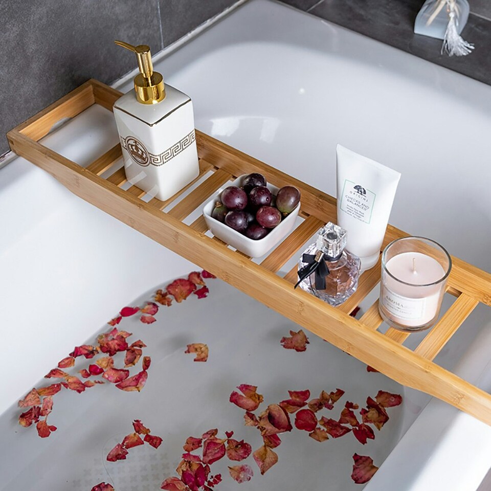 image 1 of Living and Home Bamboo Bath Tray Bathtub Caddy, Brown