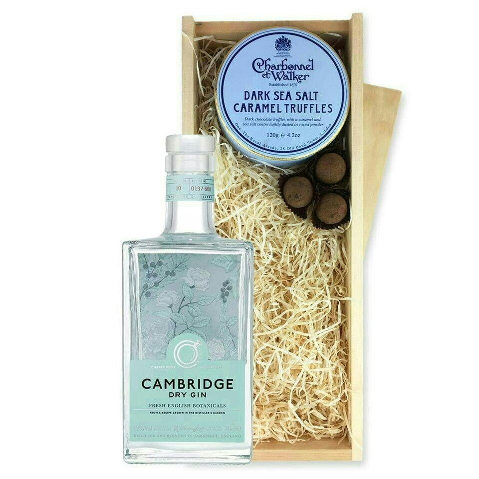 image 1 of Cambridge Dry Gin And Dark Sea Salt Charbonnel Chocolates Box 70cl 42% abv