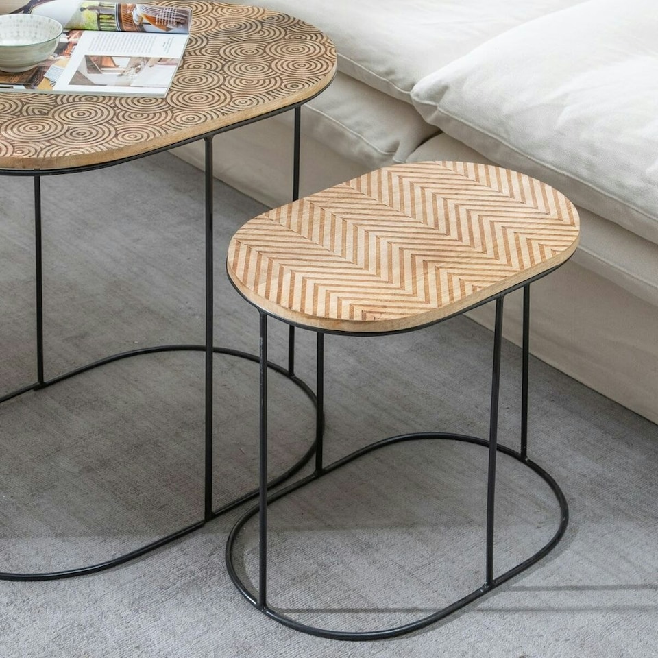 image 1 of Side table 60 x 39,5 x 60 cm Natural Black Metal Wood (2 Units) N/A