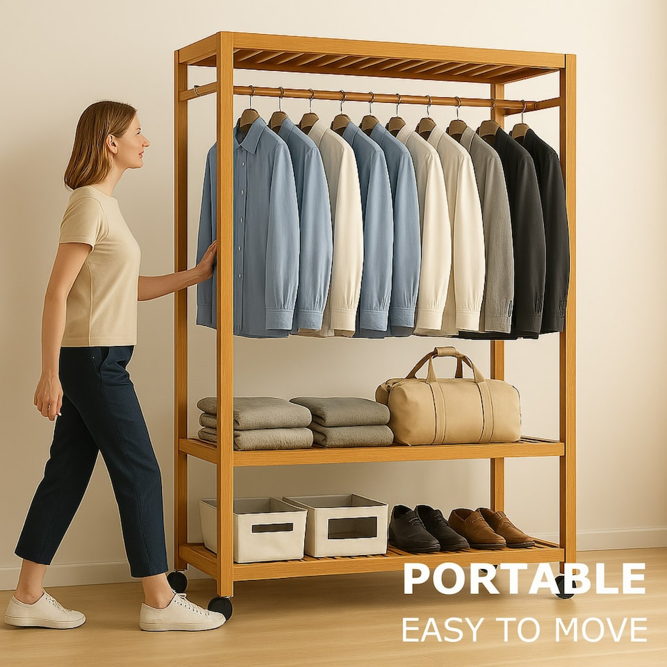 image 1 of Bamboo Clothes Rack | Portable Open Wardrobe with Shoe Storage Brown | One Size