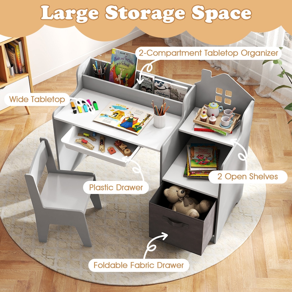 image 1 of COSTWAY Kids Study Desk and Chair Set Children Table Grey