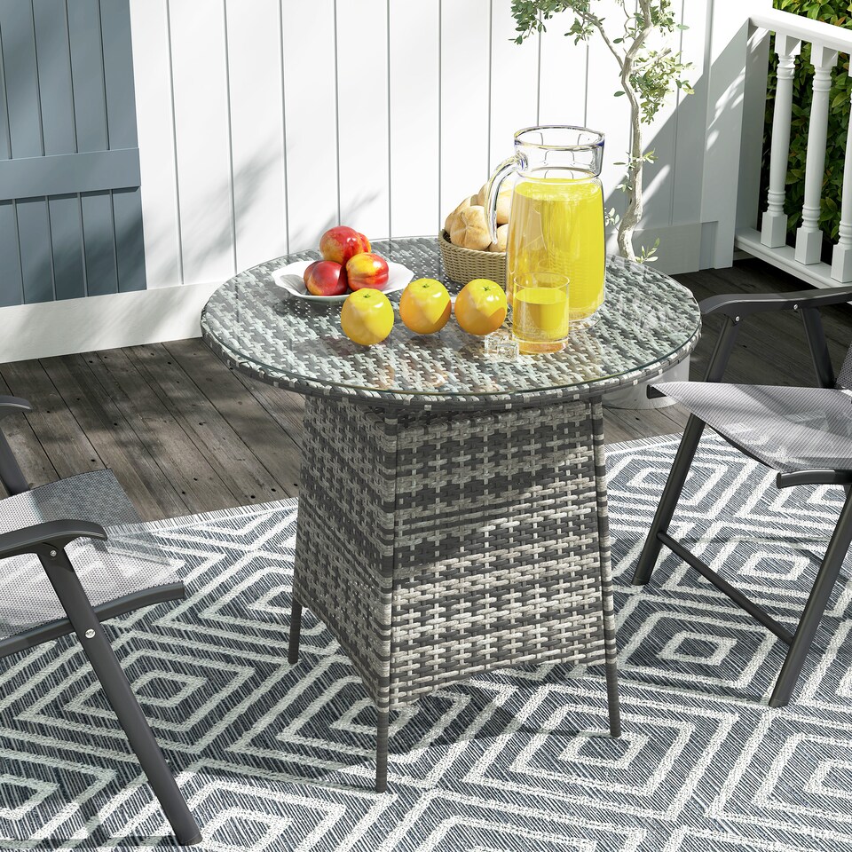 image 1 of Outsunny Wicker Garden Rattan Table, Patio Furniture Outdoor Coffee Table with Umbrella Hole and Tempered Glass Top, Grey | Grey | Grey
