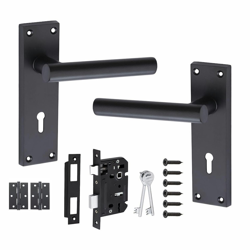image 1 of Golden Grace Victorian T-Bar Straight Door Handles Lever Lock in Matt Black with 3 Lever Lock Set with 1 Pair of 3" Ball Bearing Hinges Black