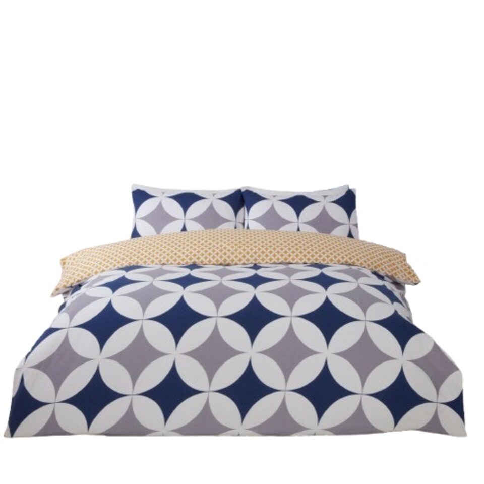 image 1 of Geo Polycotton Reversible Duvet Cover Set with Pillowcase Blue | King