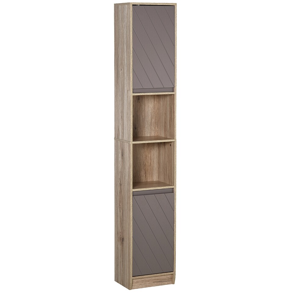 image 1 of HOMCOM Narrow Bathroom Cabinet, Slim Bathroom Storage Unit with Open Compartment, Freestanding Storage Cupboard with Adjustable Shelves for Small Spaces, 30 x 24 x 170 cm, Grey and Oak