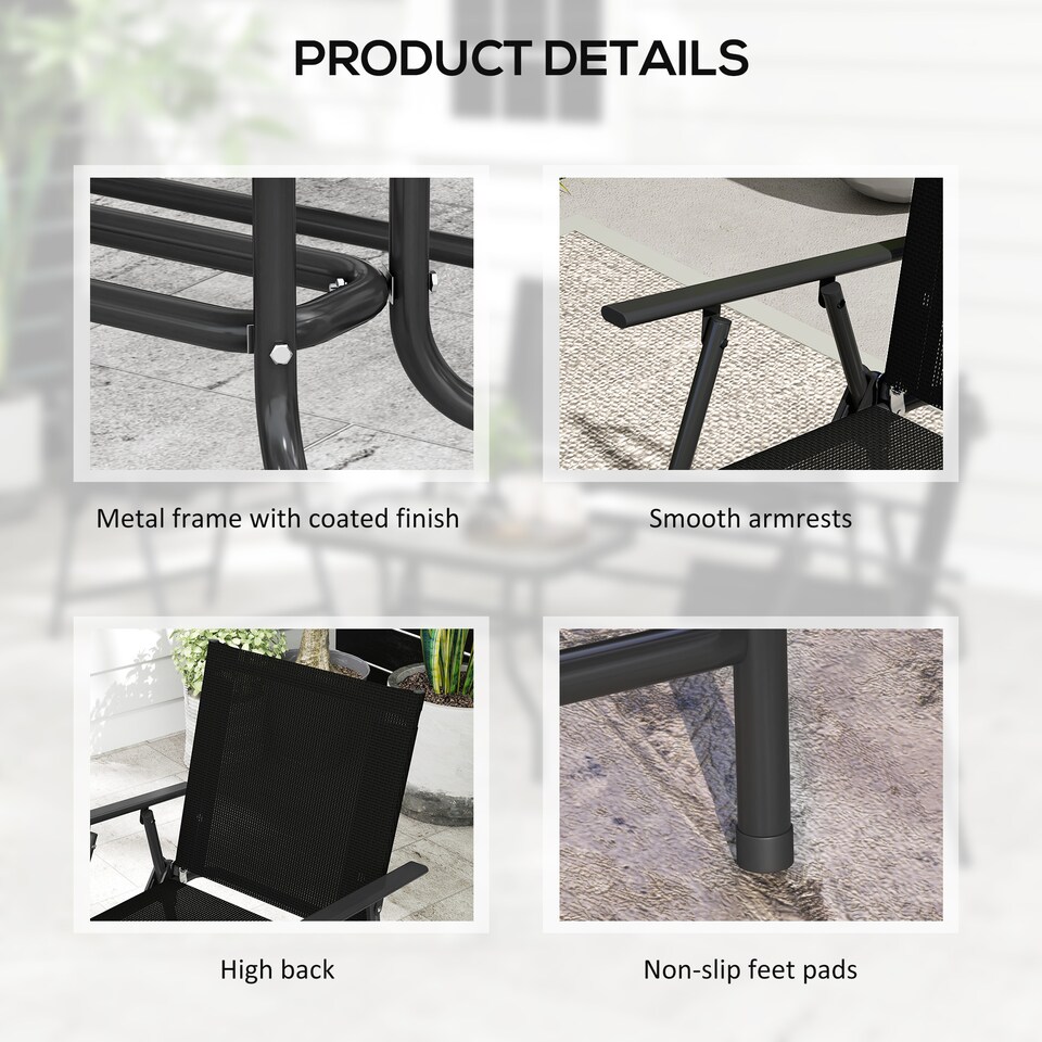 image 1 of Outsunny Outdoor 4 Pieces Patio Furniture Set with Breathable Mesh Fabric Seat & Backrest, Garden Set with Two Foldable Armchairs, a Loveseat & Glass Top Table, Black