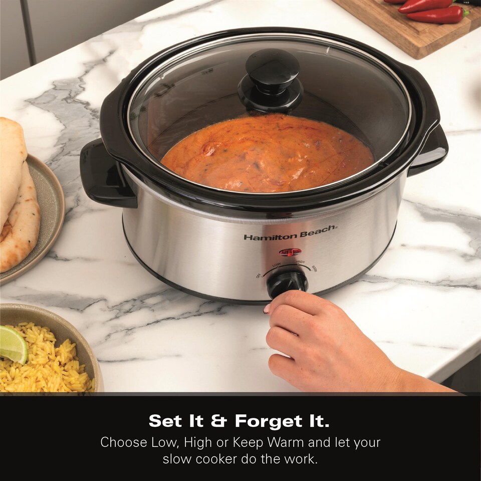 image 1 of Hamilton Beach Slow Cooker, 3.5 Litres, Comfort Cook, 160W, Stainless Steel, Energy-Efficient, Removable Oven-Safe Ceramic Bowl, 3 Heat Settings, Serves 2-4 People, Easy Clean, Silver - HBSC040S