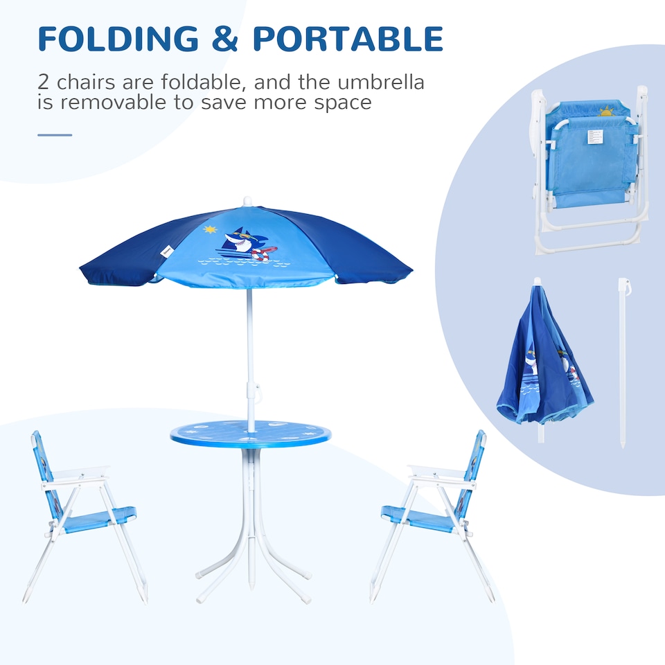 image 1 of Outsunny Kids Foldable Four-Piece Garden Set w Table, Chairs, Umbrella - Blue